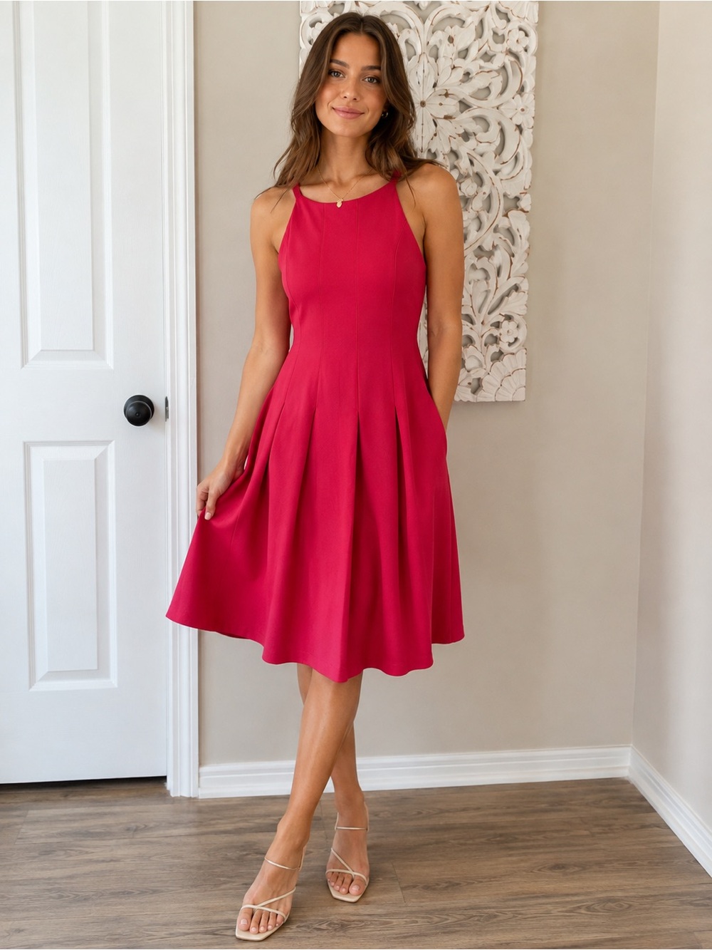Calvin Klein Size 6 Fit & Flare Midi Dress Pink Sleeveless Pleated Party Barbie